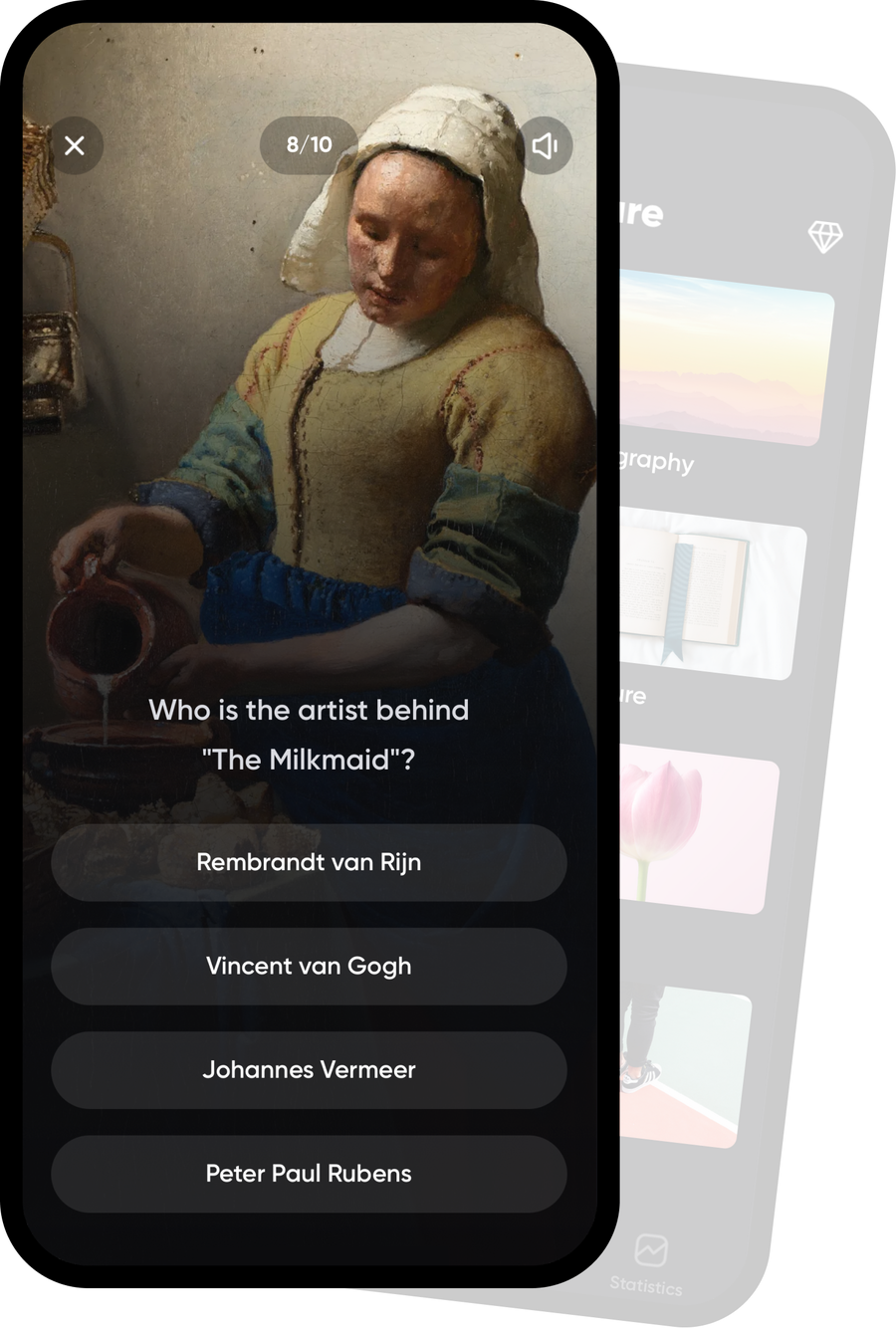 Qulture mobile app quiz in English showing a question about The Milkmaid by Johannes Vermeer.