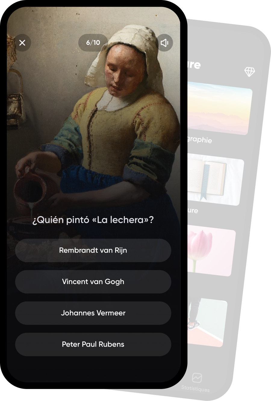 Cuestionario de la aplicación móvil Qulture en español con una pregunta sobre La lechera de Johannes Vermeer.